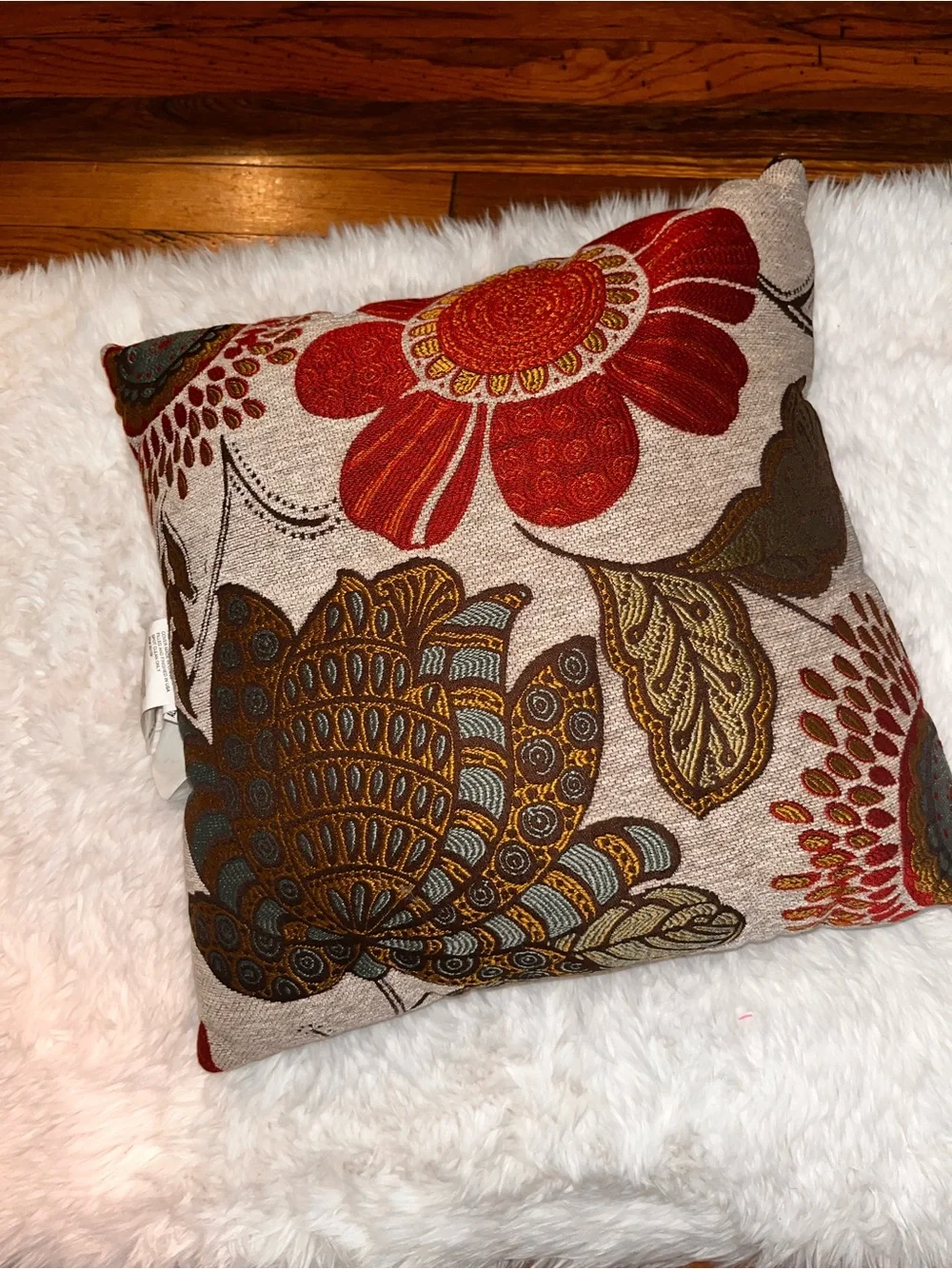 Decorative Floral Throw Pillow in Red and Tan